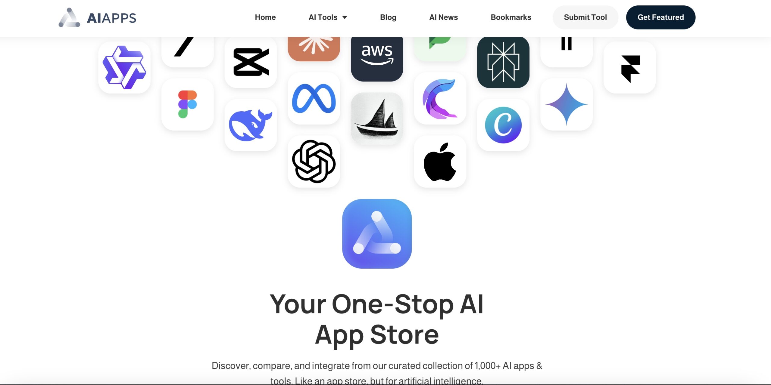 A collage of various AI app icons surrounding the AIApps logo, showcasing the diversity of tools available on the platform.