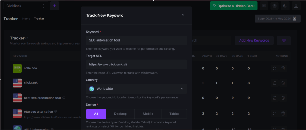 Click rank keyword tracker feature