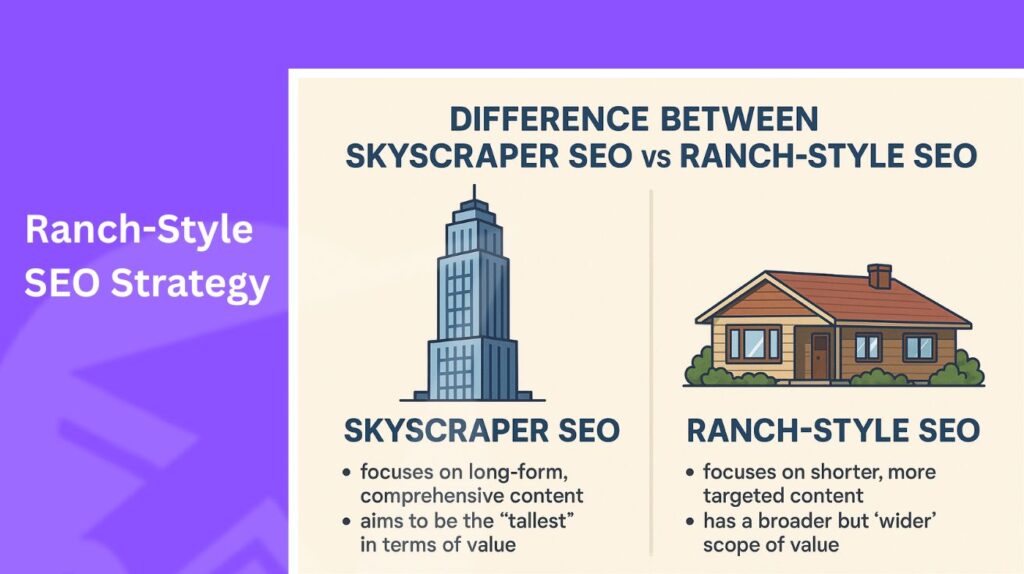 Comparison graphic highlighting the differences between Skyscraper SEO and Ranch-Style SEO strategies. Skyscraper SEO emphasizes long-form, comprehensive content aiming to be the 'tallest' in terms of value. Ranch-Style SEO focuses on shorter, more targeted content with a broader scope of value.