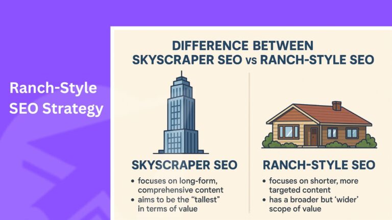 Comparison graphic highlighting the differences between Skyscraper SEO and Ranch-Style SEO strategies. Skyscraper SEO emphasizes long-form, comprehensive content aiming to be the 'tallest' in terms of value. Ranch-Style SEO focuses on shorter, more targeted content with a broader scope of value.