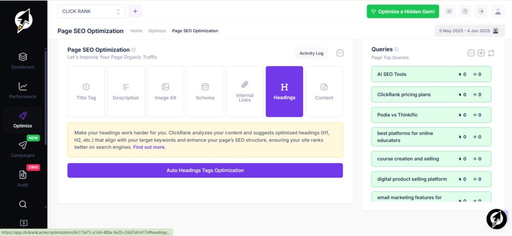 Open the Headings section to view and edit the H1 for that page in clickrank