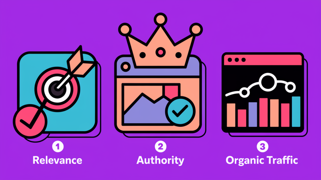 Three SEO icons showing relevance, authority, and organic traffic on purple background