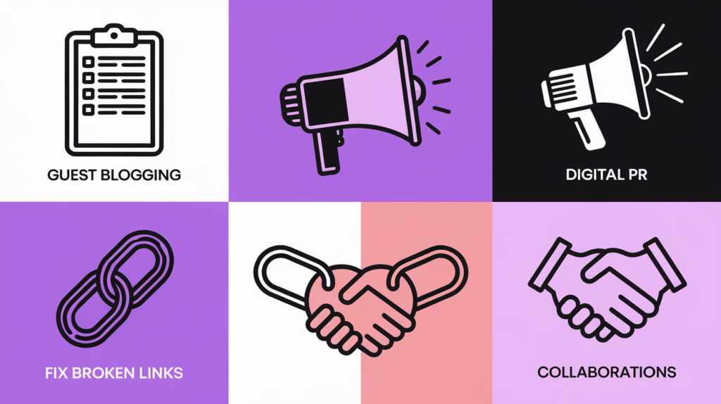 Six link building strategy icons including guest posting and PR outreach