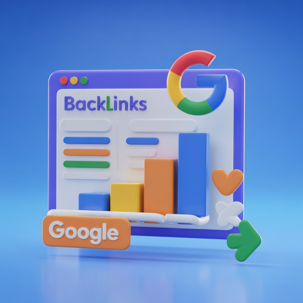 3D Google backlinks analytics dashboard with charts on blue background