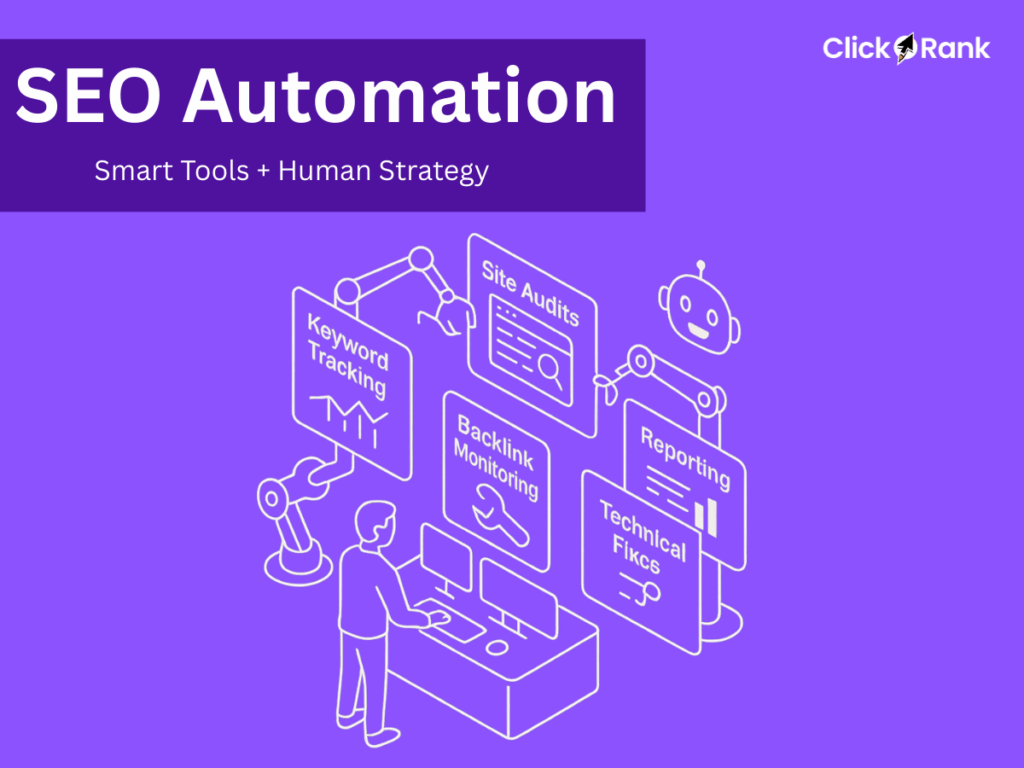 SEO automation illustration showing smart tools plus human strategy - demonstrating how SEO can be automated with proper balance