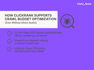 ClickRank Crawl Budget Optimization features: Fixes On-Page SEO (Meta, Headings), streamlines Internal Linking, and improves Crawl Efficiency.