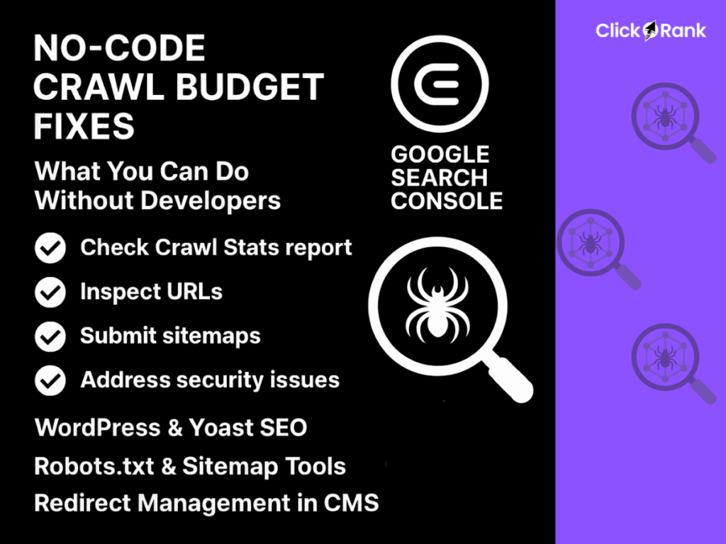 No-code crawl budget fixes checklist with Google Search Console logo