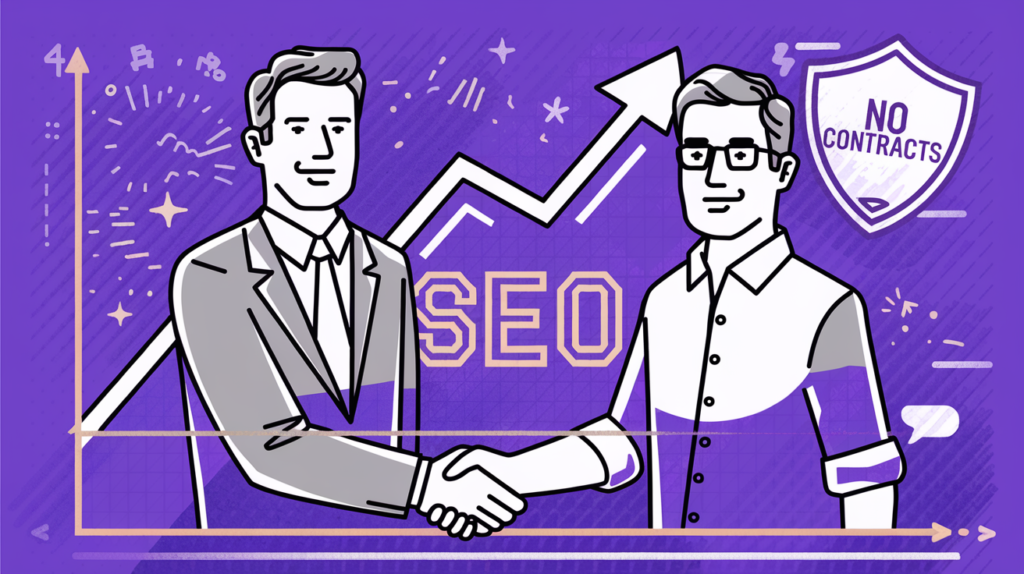 Two business professionals shaking hands to hire an SEO specialist with growth charts and contract-free guarantee.