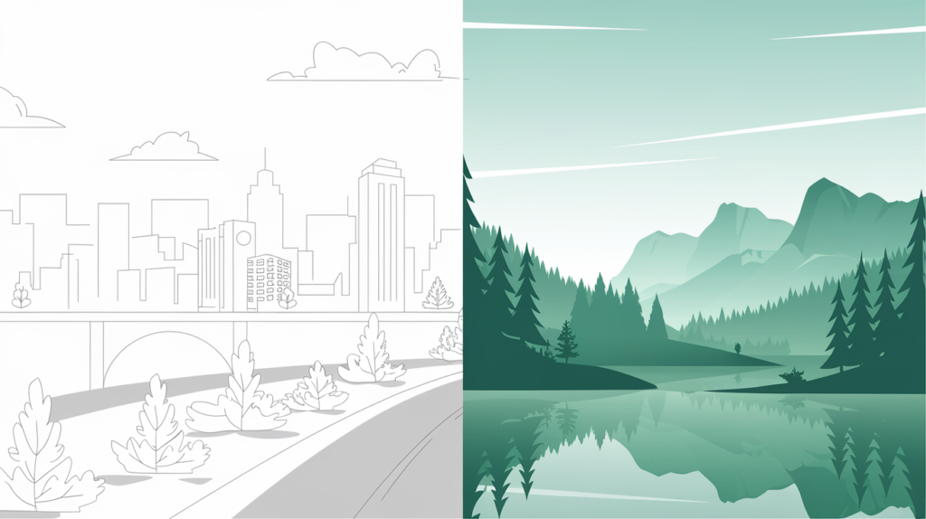 Split-screen illustration showing line art cityscape transitioning to colorful mountain landscape for image SEO optimization