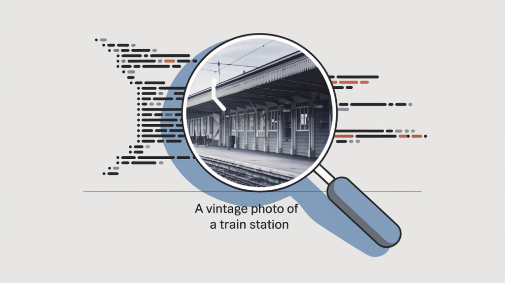 Magnifying glass revealing vintage train station photo with image SEO analysis visualization