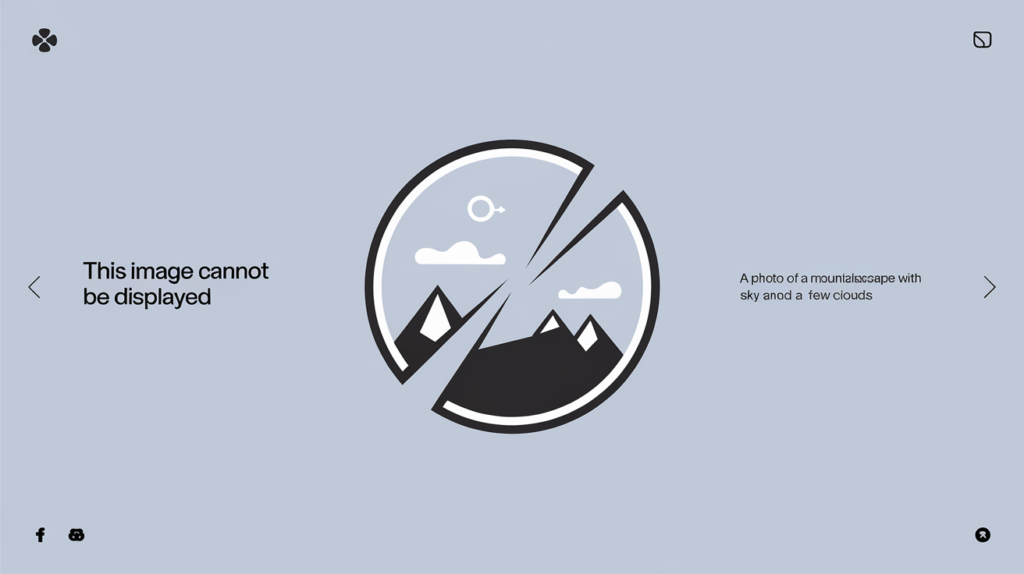 Broken image placeholder with mountain landscape description for SEO fallback content