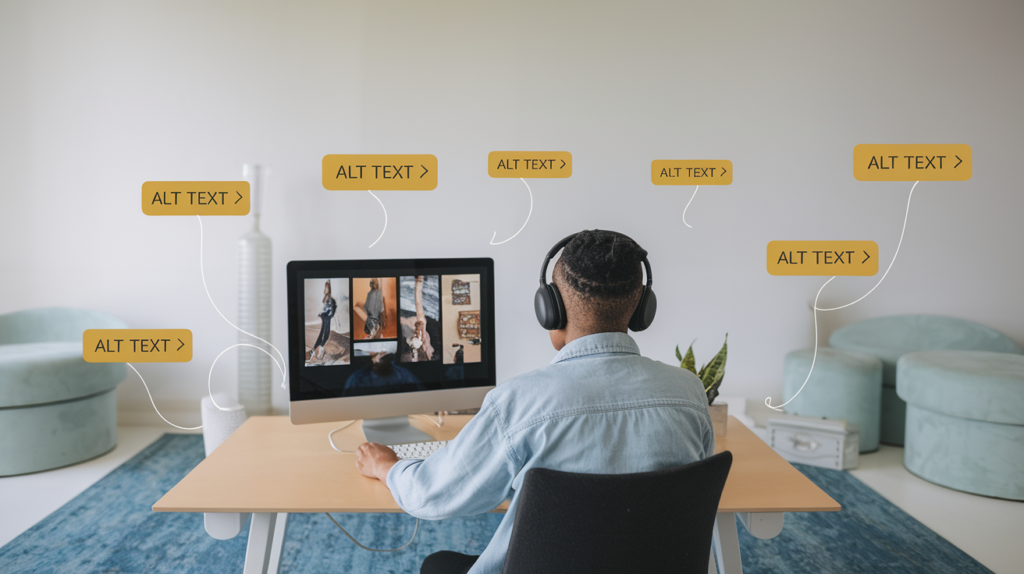 Person at computer with multiple alt text callouts demonstrating image SEO workflow optimization.