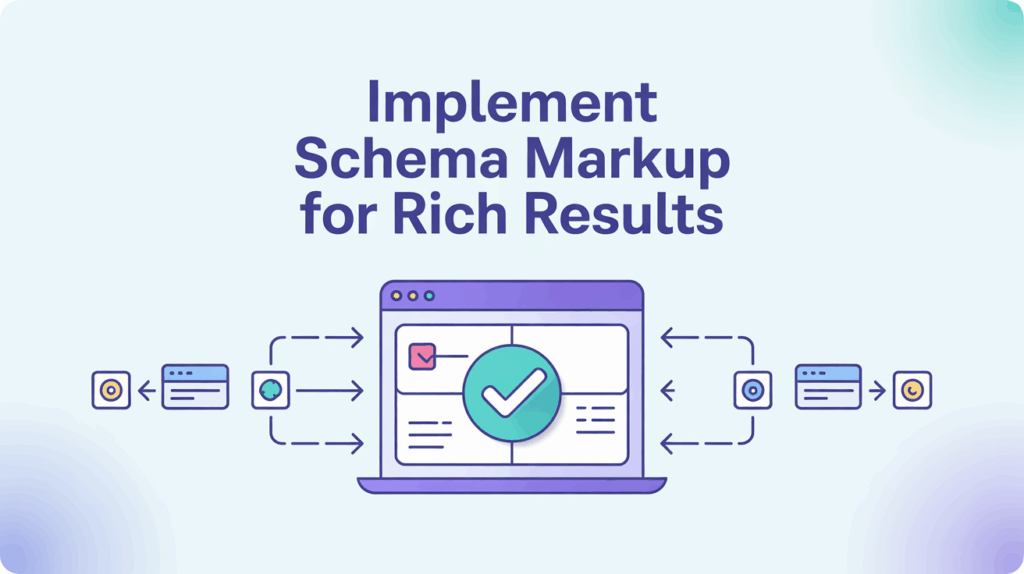 Schema markup implementation diagram with laptop and connected data flow icons.