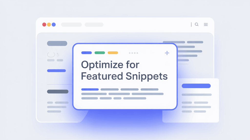 Browser mockup highlighting &quot;Optimize for Featured Snippets&quot; text overlay.