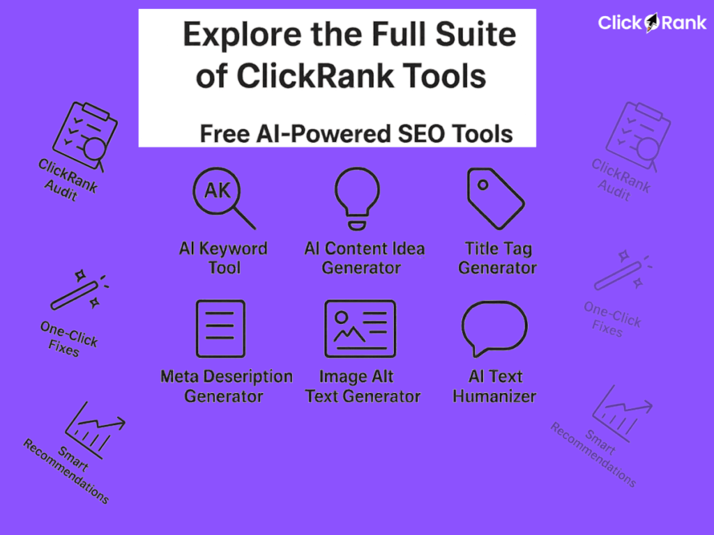 ClickRank SEO tools suite infographic showing various AI-powered content optimization tools including keyword research, content generation, and meta tag tools on purple background