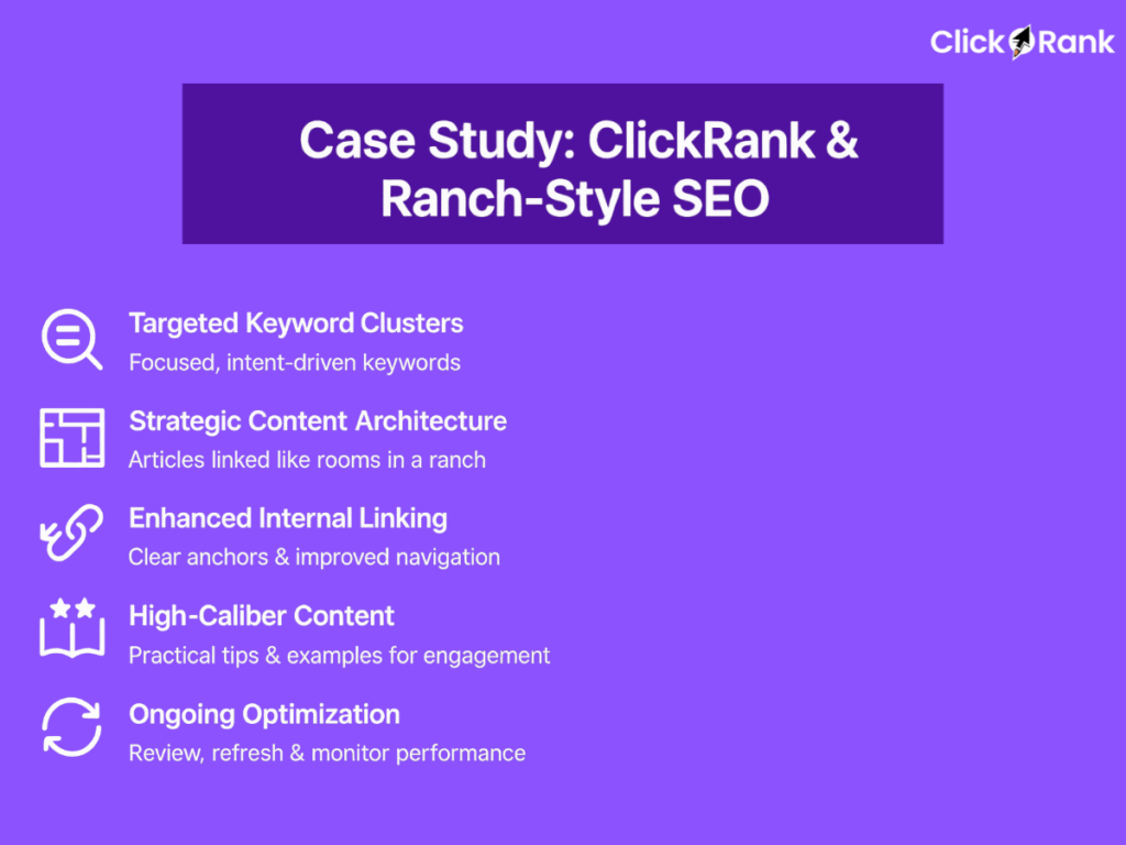ClickRank case study infographic showing Ranch-Style SEO strategy with targeted keywords, content architecture, linking, and optimization