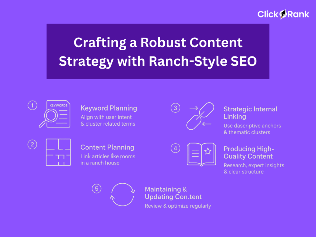 Ranch-Style SEO content strategy infographic showing 5-step process: keyword planning, content planning, internal linking, quality content