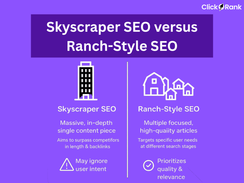 Ranch-Style SEO comparison infographic contrasting skyscraper SEO vs ranch-style approach with building icons and strategy differences