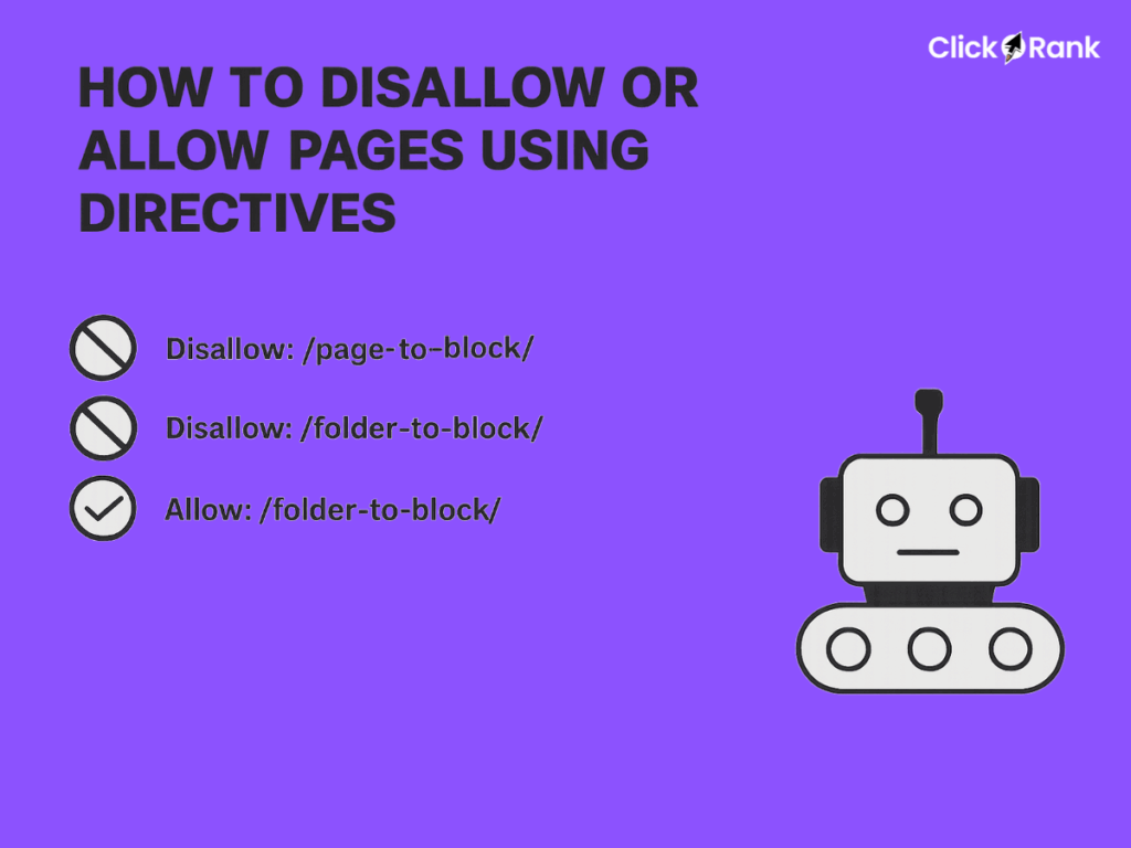 Robots.txt SEO commands showing how to block or allow pages