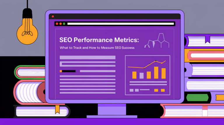 SEO Performance Metrics guide displayed on purple computer monitor with analytics charts and graphs