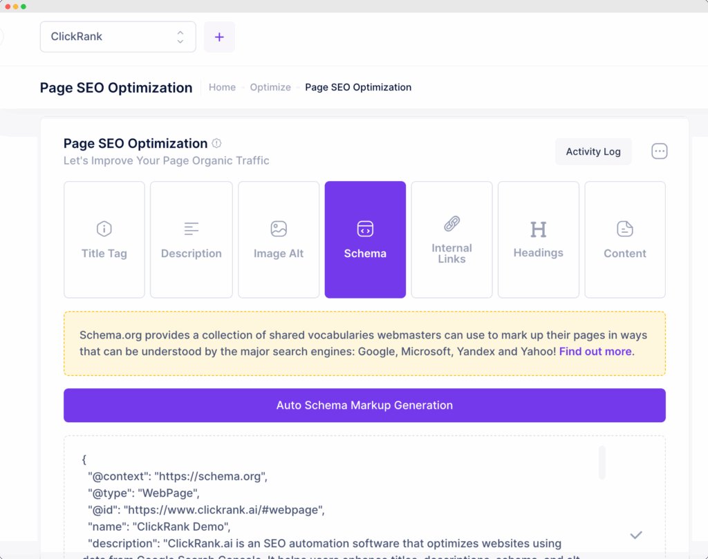 ClickRank SEO tool interface showing schema markup optimization features and auto-generation capabilities.