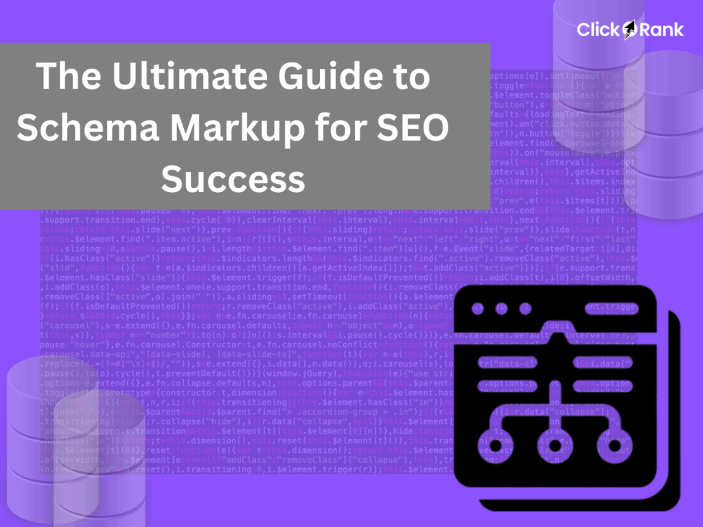 Ultimate guide to schema markup for SEO featuring code background and structured data visualization