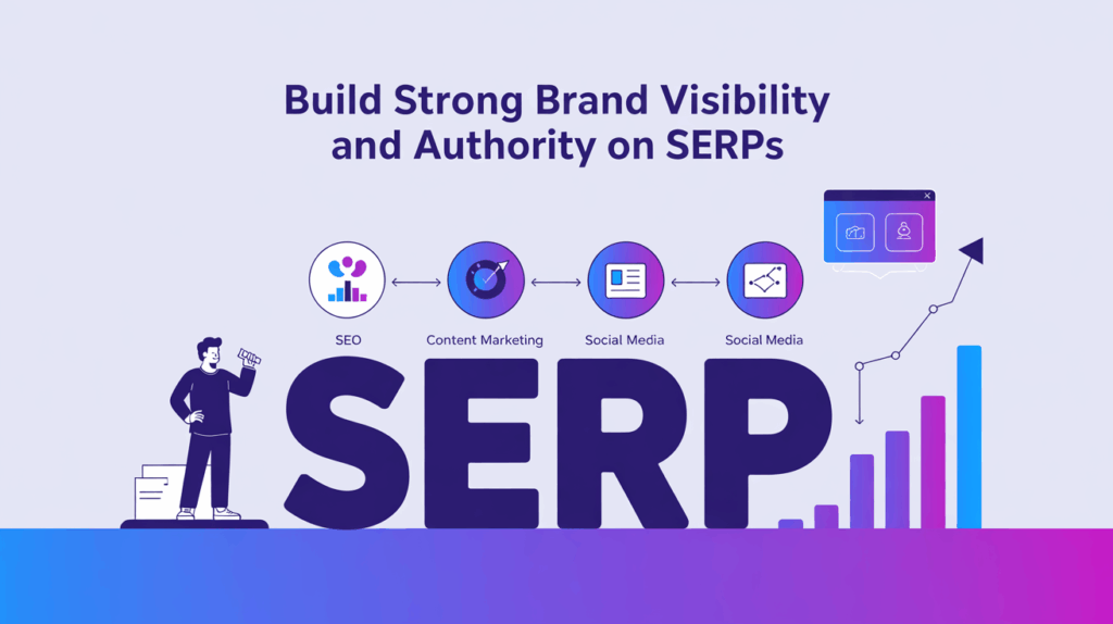 SERP branding infographic with person, megaphone, and rising charts.