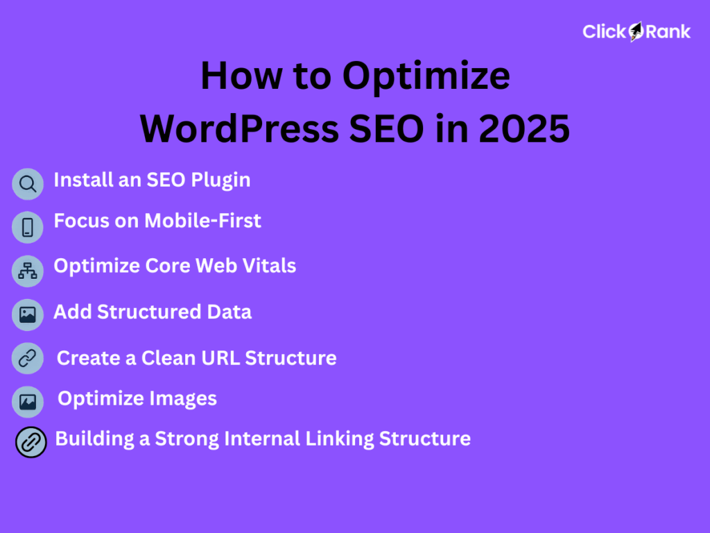 Complete WordPress SEO optimization guide for 2025 by ClickRank with 7 essential steps