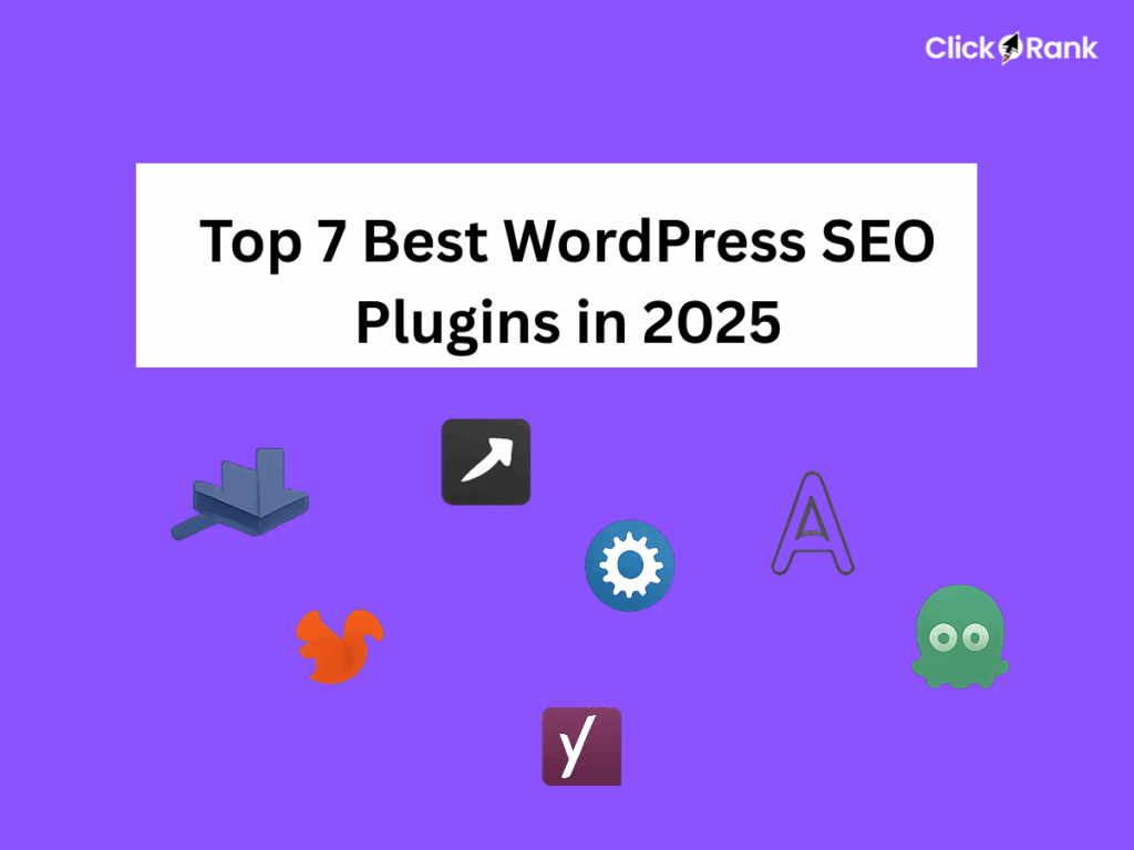 Top 7 best WordPress SEO plugins 2025 title with plugin icons on purple background