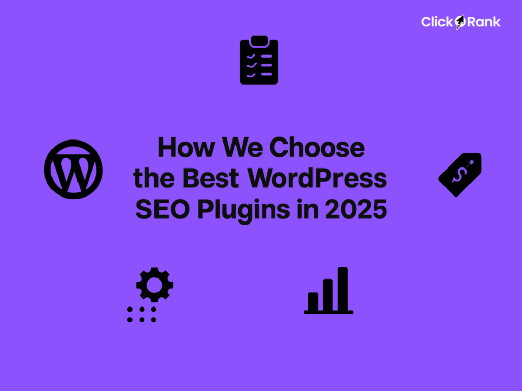How we choose the best WordPress SEO plugins in 2025 with WordPress logo, checklist, price tag, settings, and analytics icons