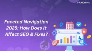 Faceted Navigation 2025 SEO guide with purple background and computer analytics dashboard