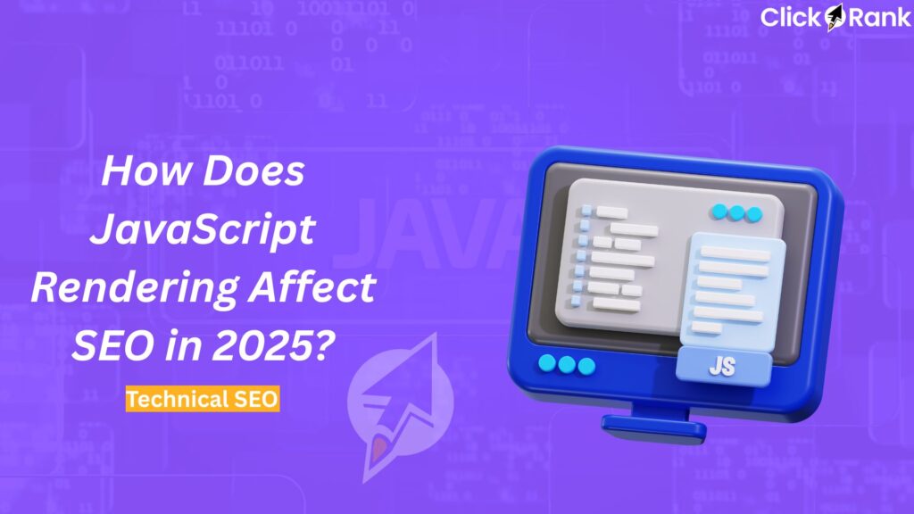 Purple background with text and an illustrated computer monitor displaying code, titled "How Does JavaScript Rendering Affect SEO in 2025?"