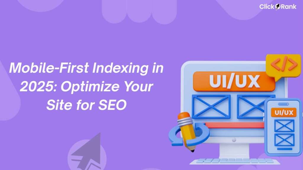 Purple infographic showing mobile-first indexing concept with desktop and mobile device mockups displaying UI/UX design elements