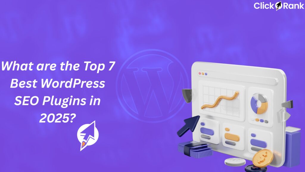 Purple banner showing "What are the Top 7 Best WordPress SEO Plugins in 2025?" with laptop showing analytics charts