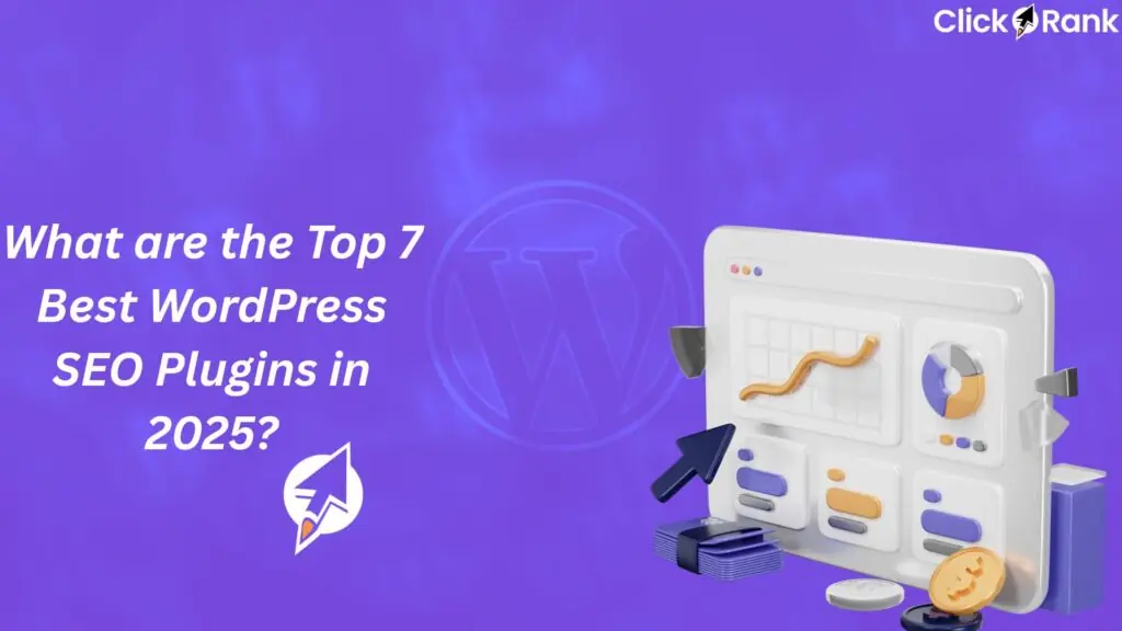 Bannière violette affichant «&nbsp;Quels sont les 7 meilleurs plugins SEO WordPress en 2025&nbsp;?&nbsp;» avec un ordinateur portable affichant des graphiques d'analyse.