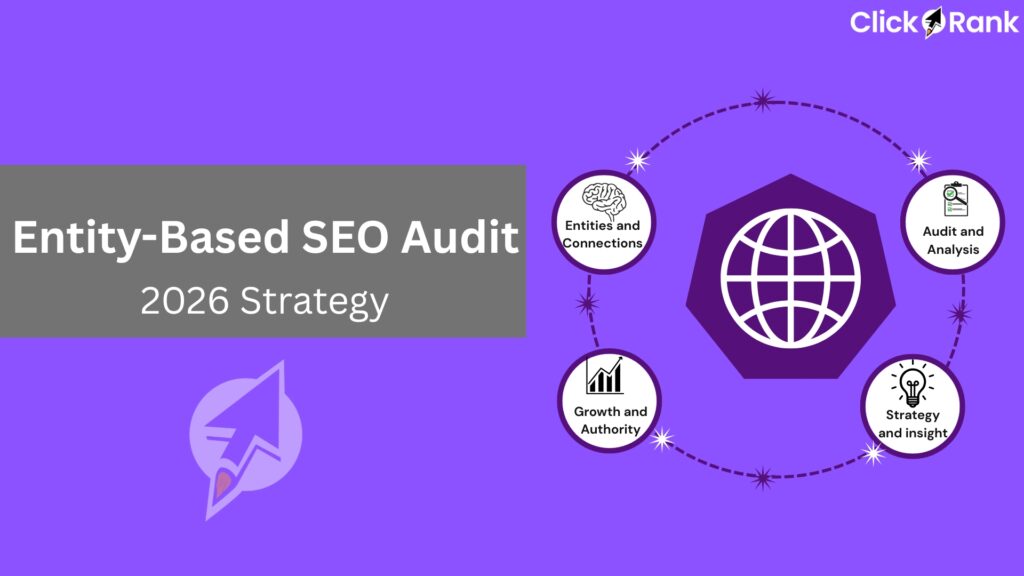 Is Entity-Based SEO a Risky Strategy? 5 Facts 2026 3 Entity-Based SEO Audit, 2026 Strategy. Globe icon surrounded by circles showing audit, authority, and connections.