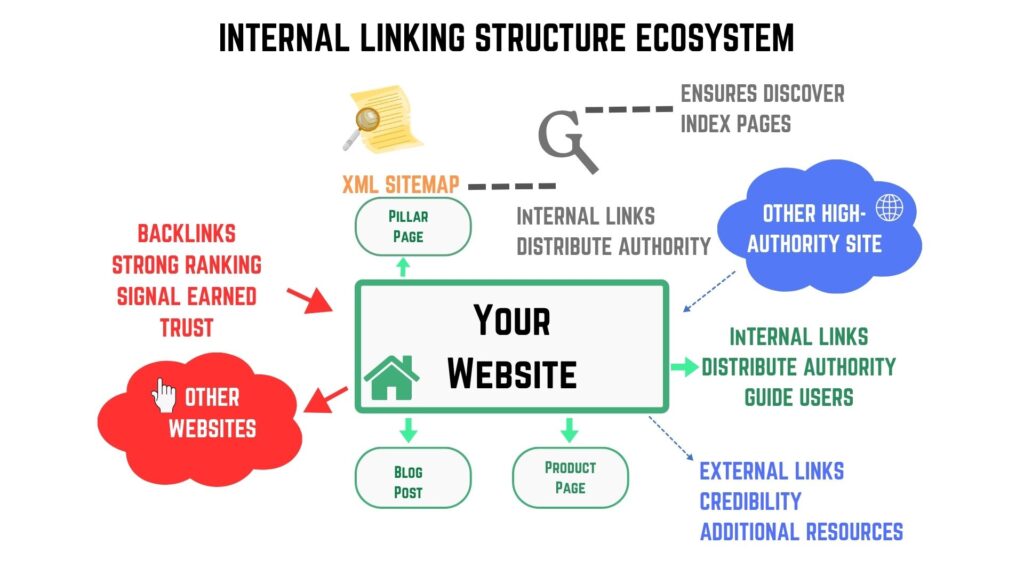 Failing Internal Linking Structure 5 Critical Fixes 2026? 3 Internal Linking Structure Ecosystem infographic showing the flow of Internal Links, External Links, Backlinks, and XML Sitemap with authority and discovery roles.