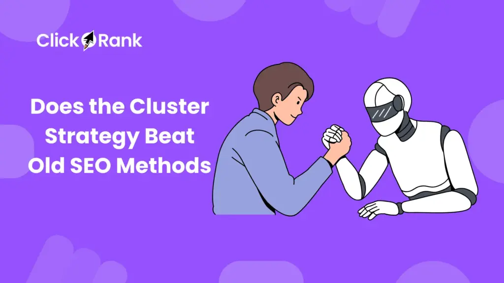 Amazing Proven 7 Topic Clusters Gain internal relevance 2026? 1 Person arm wrestling with robot representing competition between cluster strategy and traditional SEO