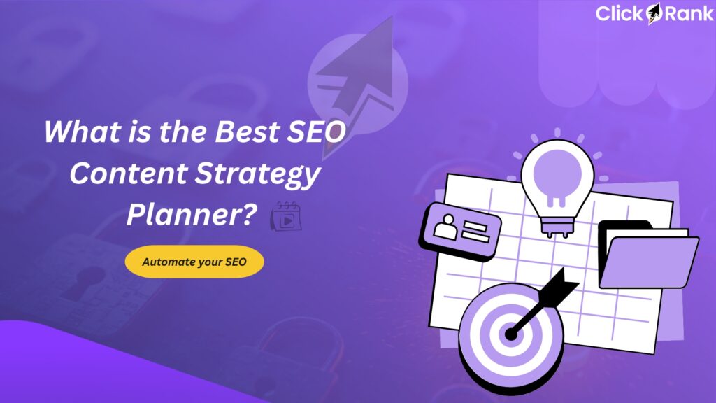 SEO content strategy planner illustration with calendar, lightbulb, target, and folder icons on purple background