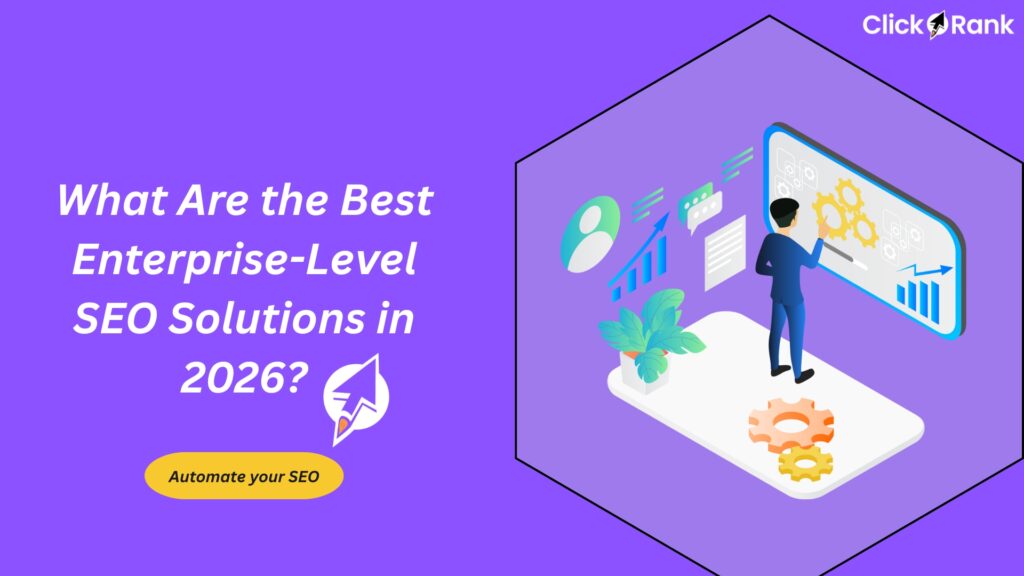 Isometric view of a man managing data, charts, and gears on a large screen, symbolizing Enterprise-level SEO solutions in purple.