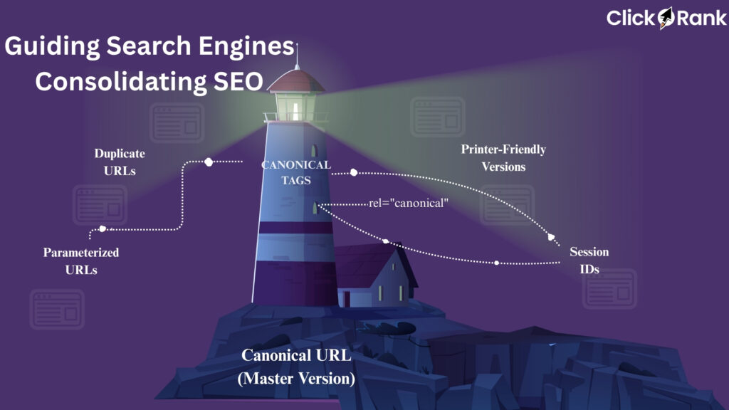 Lighthouse illustration showing canonical tags consolidating duplicate URLs and printer-friendly versions